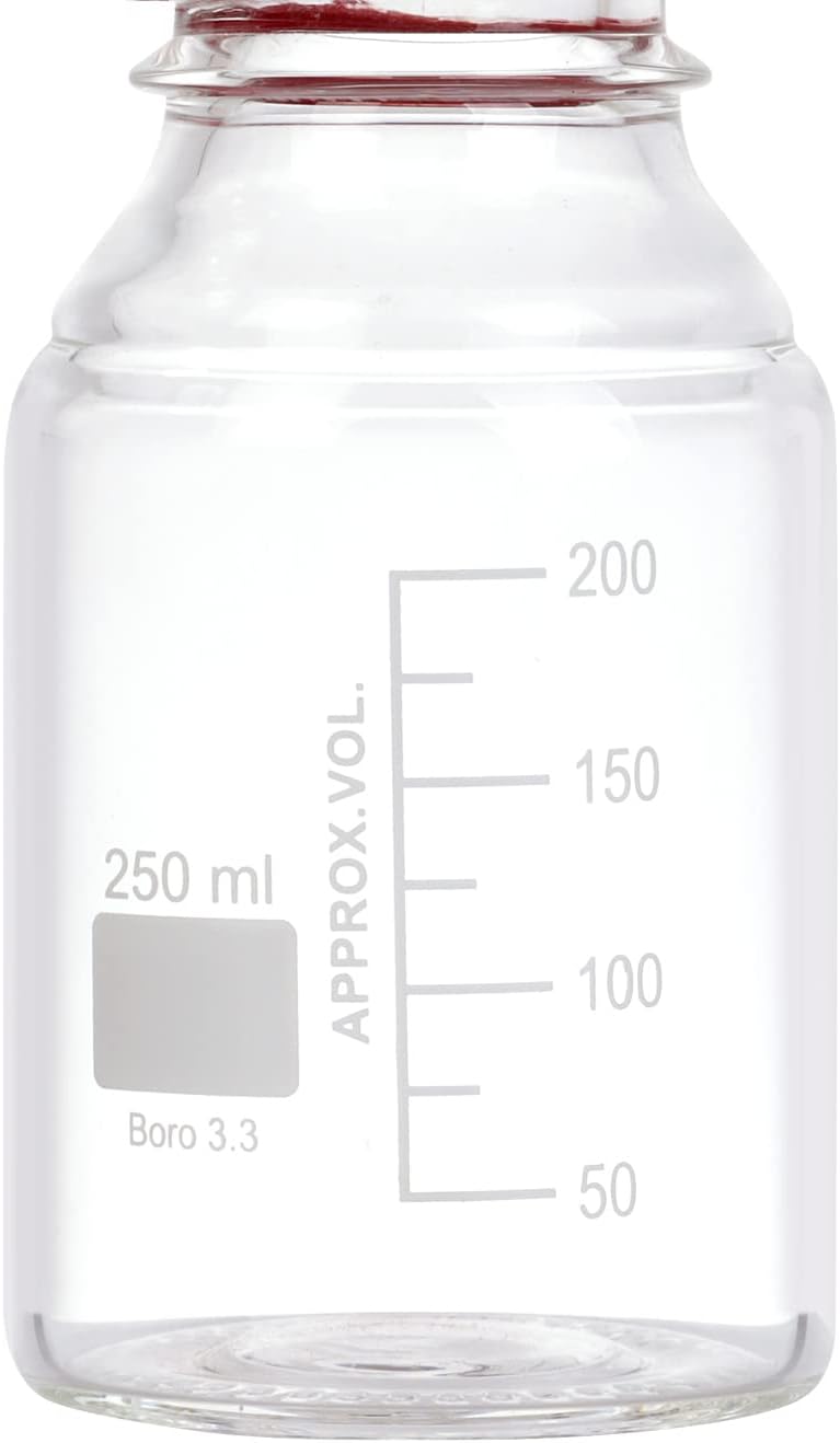 Pastein 4 Pieces 250ml Graduated Round Reagent Media Storage Lab Bottles with GL45 PBT Red Screw Cap, 3.3 Borosilicate Clear Glass - Image 1